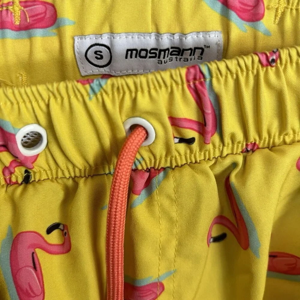 Mosmann Australia Lined Swim Trunks Shorts Small Yellow Pink Flamingo Print